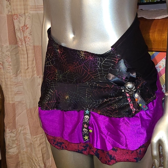 Cyber goth punk rave spider mini ruffle skirt neon skull handmade layered xs - Picture 2 of 10